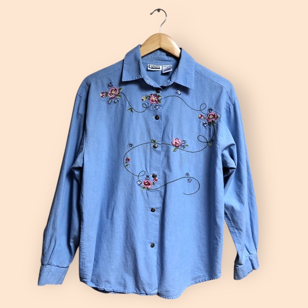 Vintage 90s Capacity Cotton Denim Floral Embroidered Collar Shirt Women’s Medium